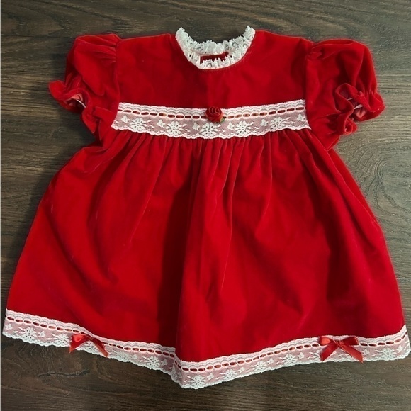 Vintage Other - Vintage red velvet white lace dress baby girl 24 months